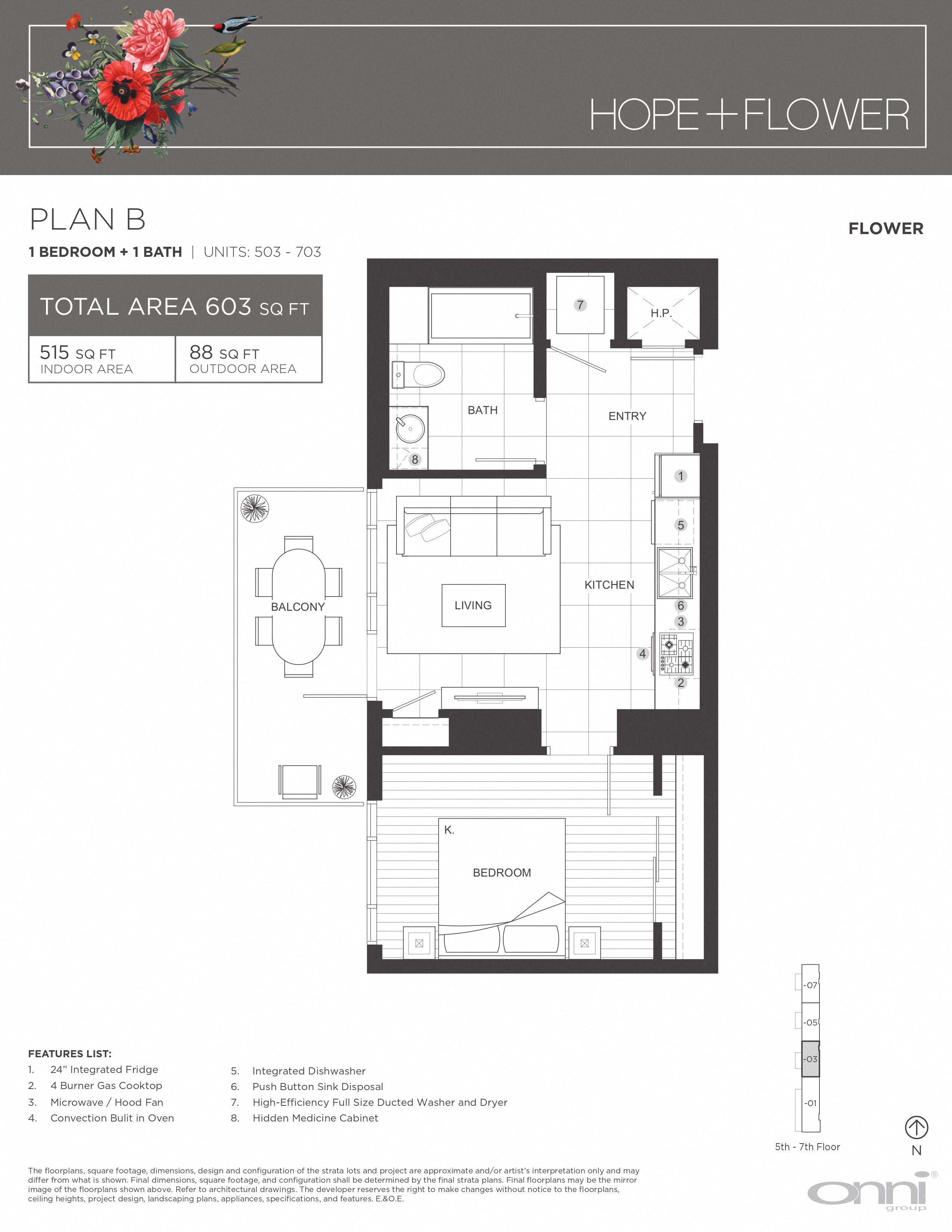 Floor plan for 1 bed, 1 bath, 515 sqft
