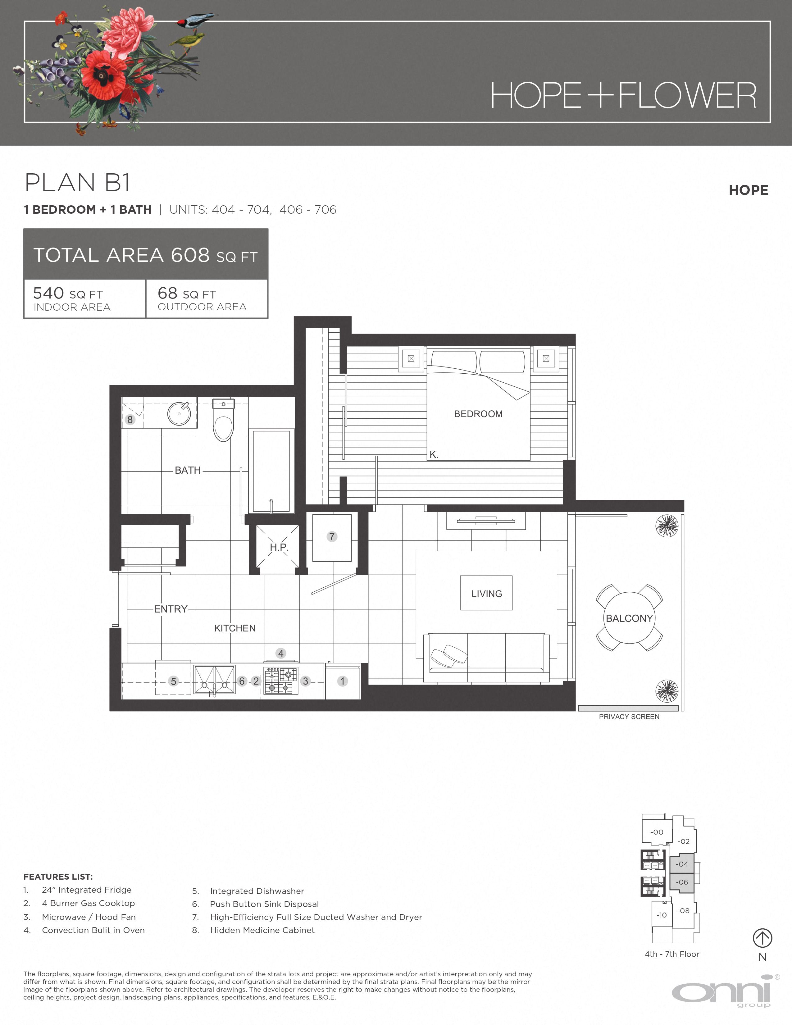 Floor plan for 1 bed, 1 bath, 540 sqft