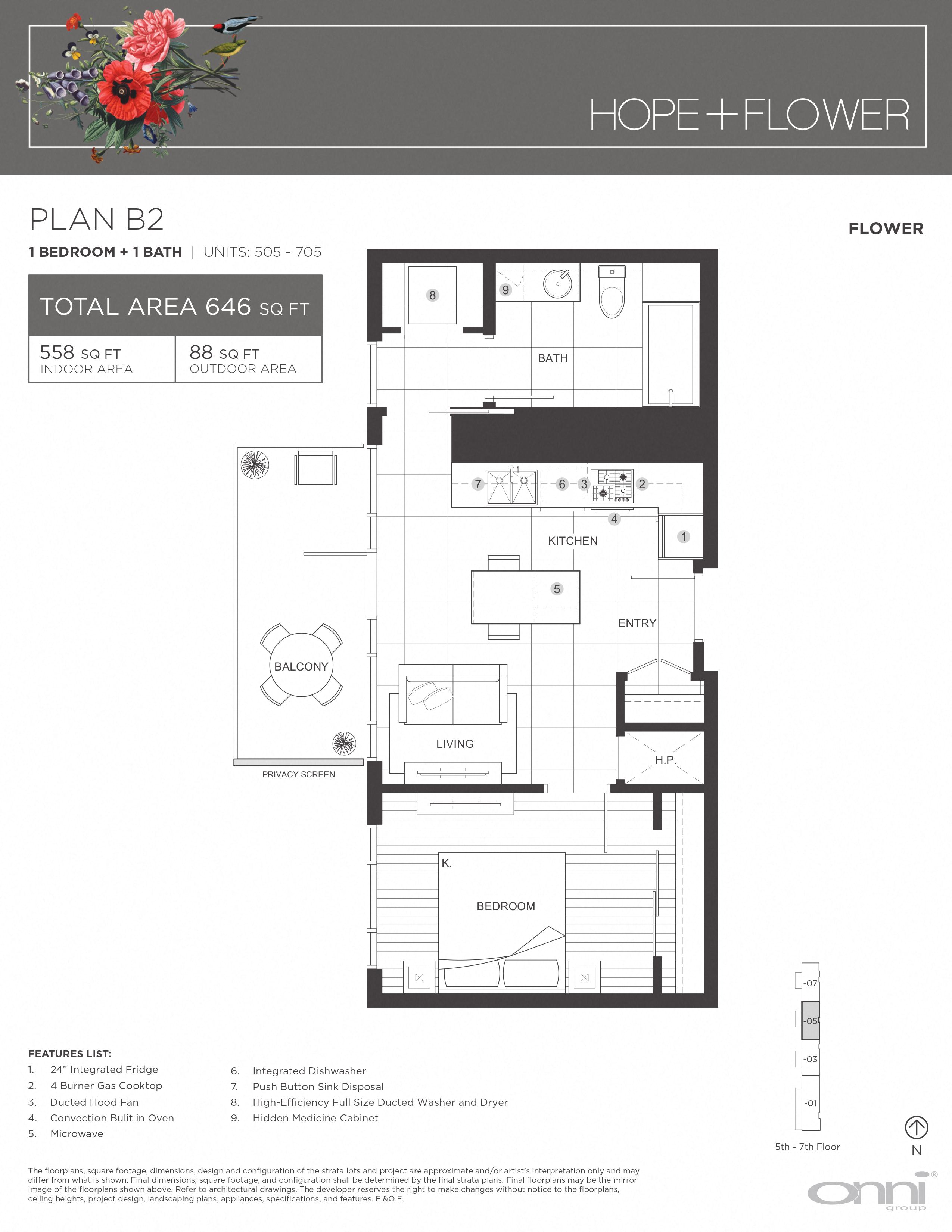 Floor plan for 1 bed, 1 bath, 558 sqft