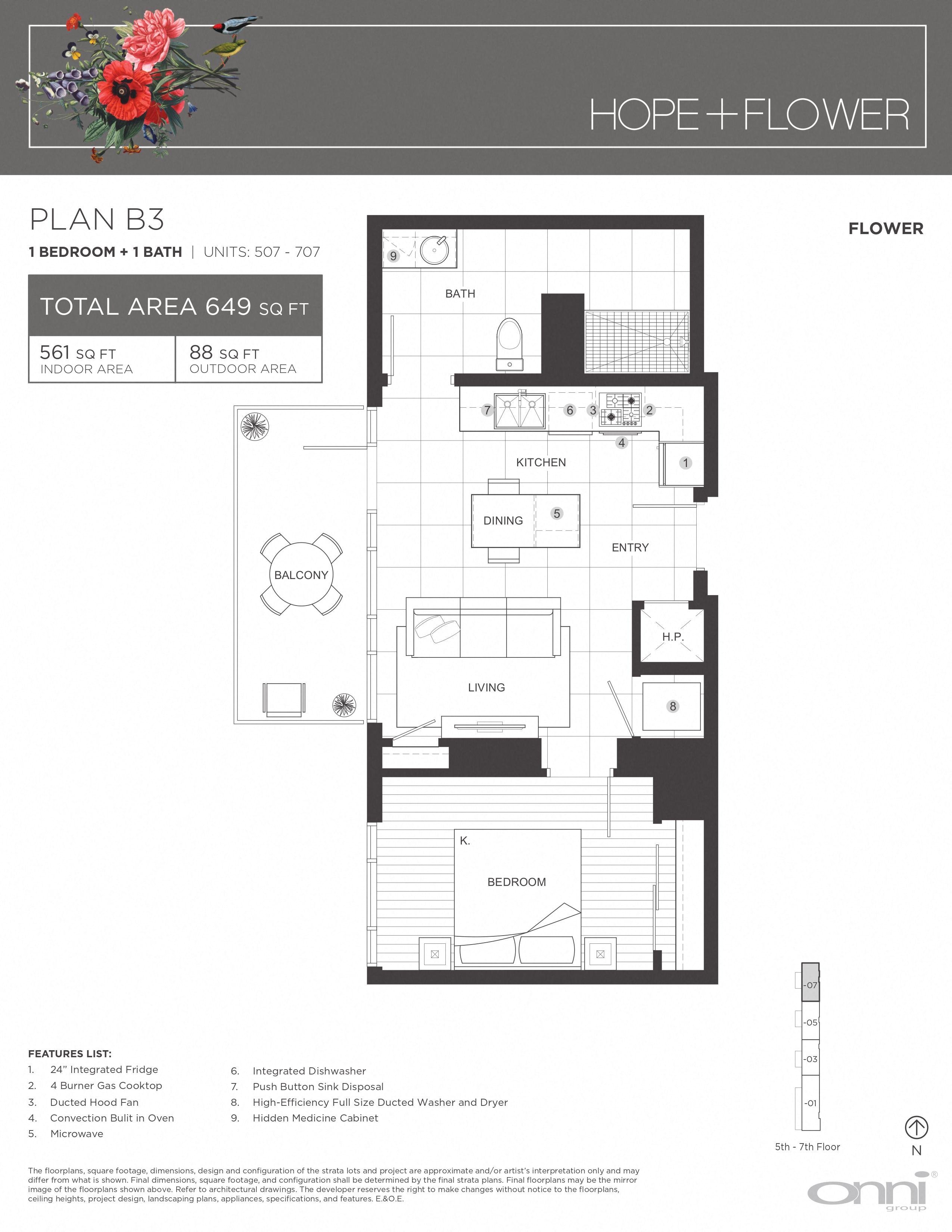 Floor plan for 1 bed, 1 bath, 561 sqft