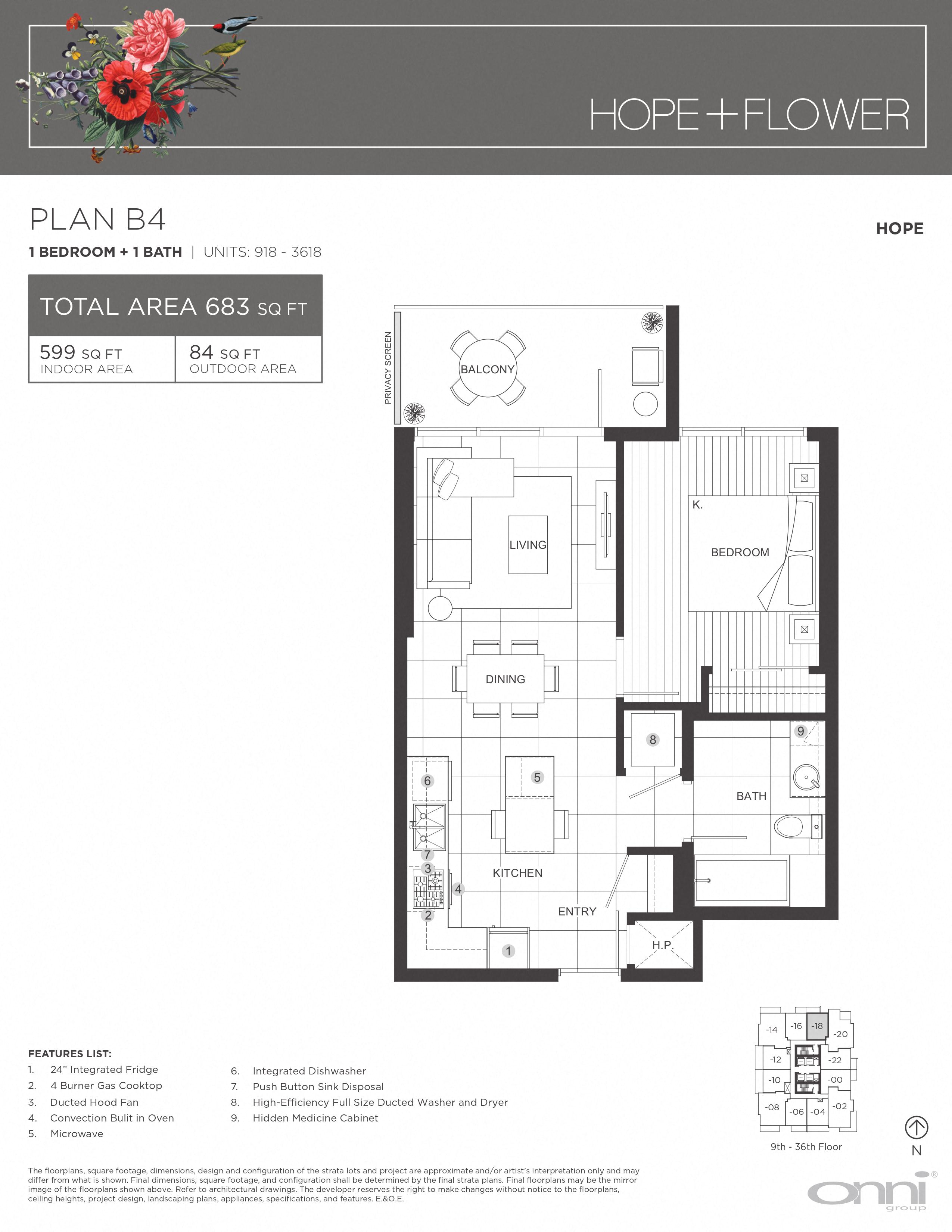 Floor plan for 1 bed, 1 bath, 599 sqft