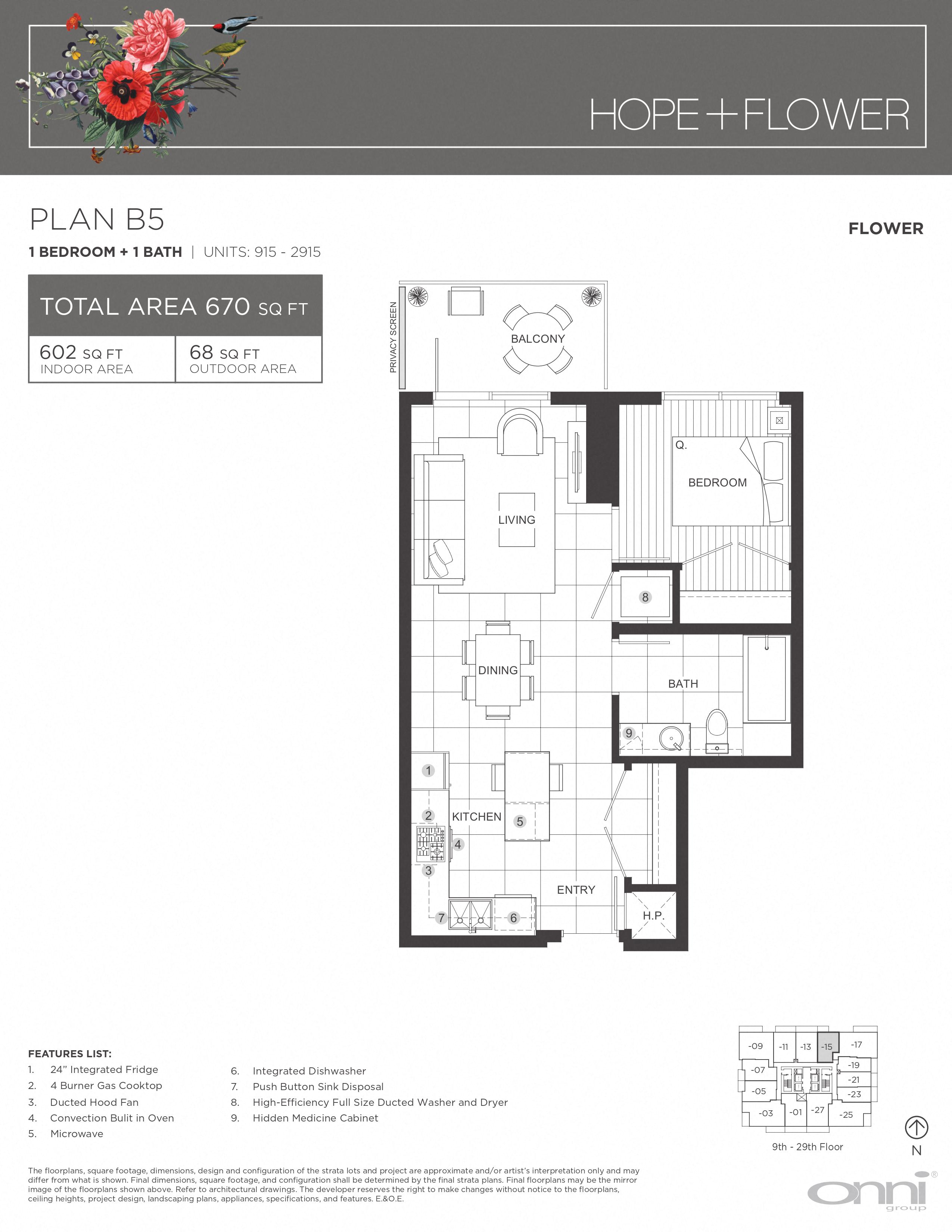 Floor plan for 1 bed, 1 bath, 602 sqft