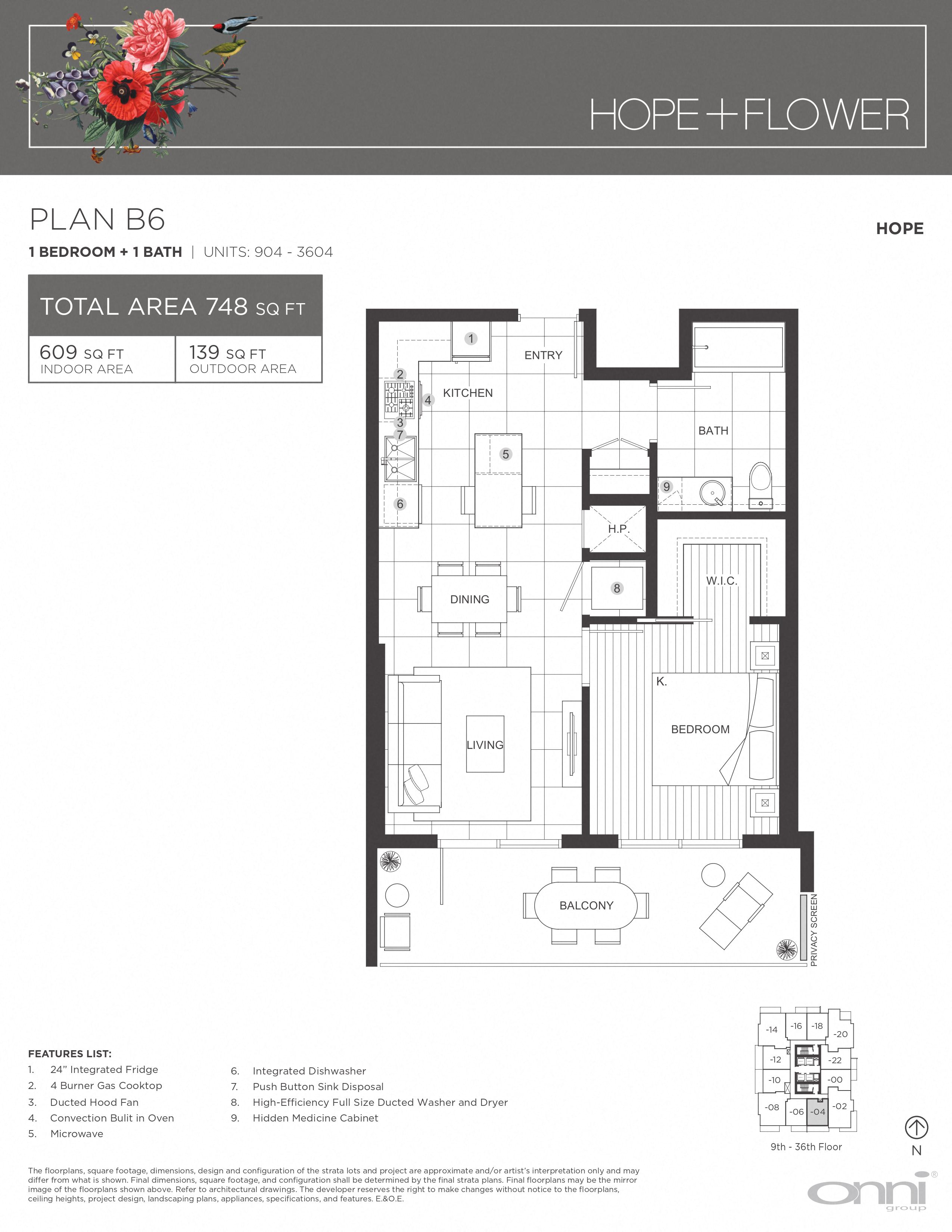 Floor plan for 1 bed, 1 bath, 609 sqft