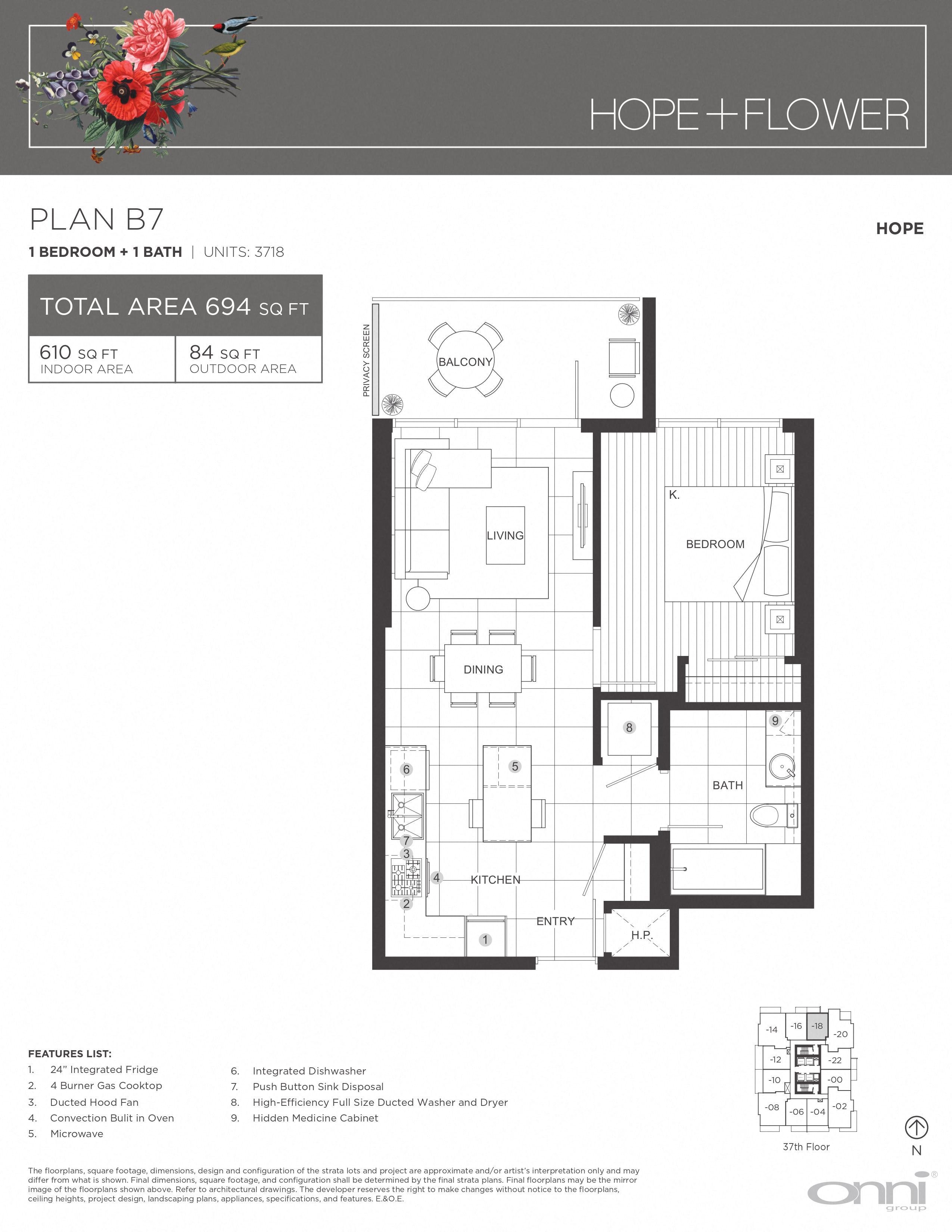 Floor plan for 1 bed, 1 bath, 610 sqft