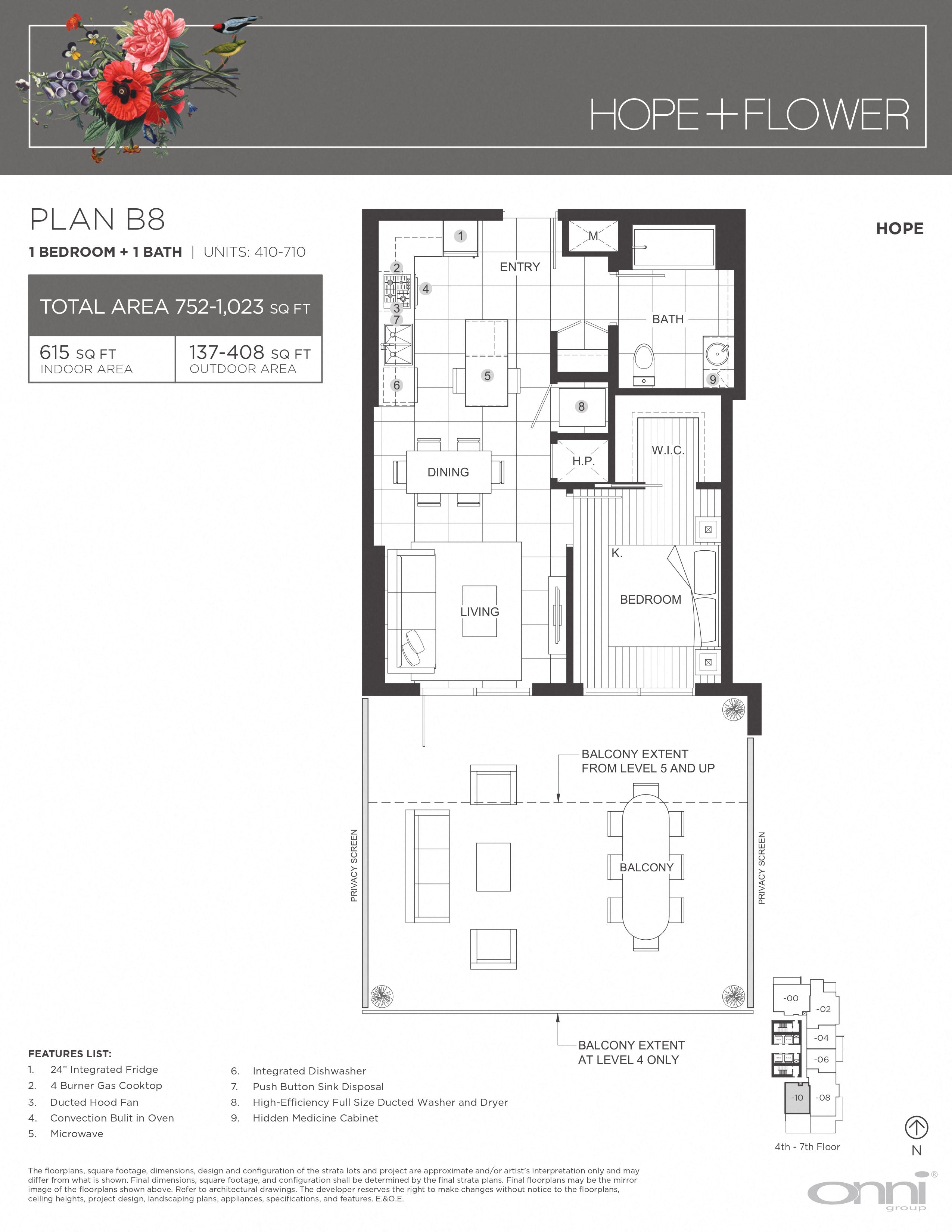 Floor plan for 1 bed, 1 bath, 615 sqft