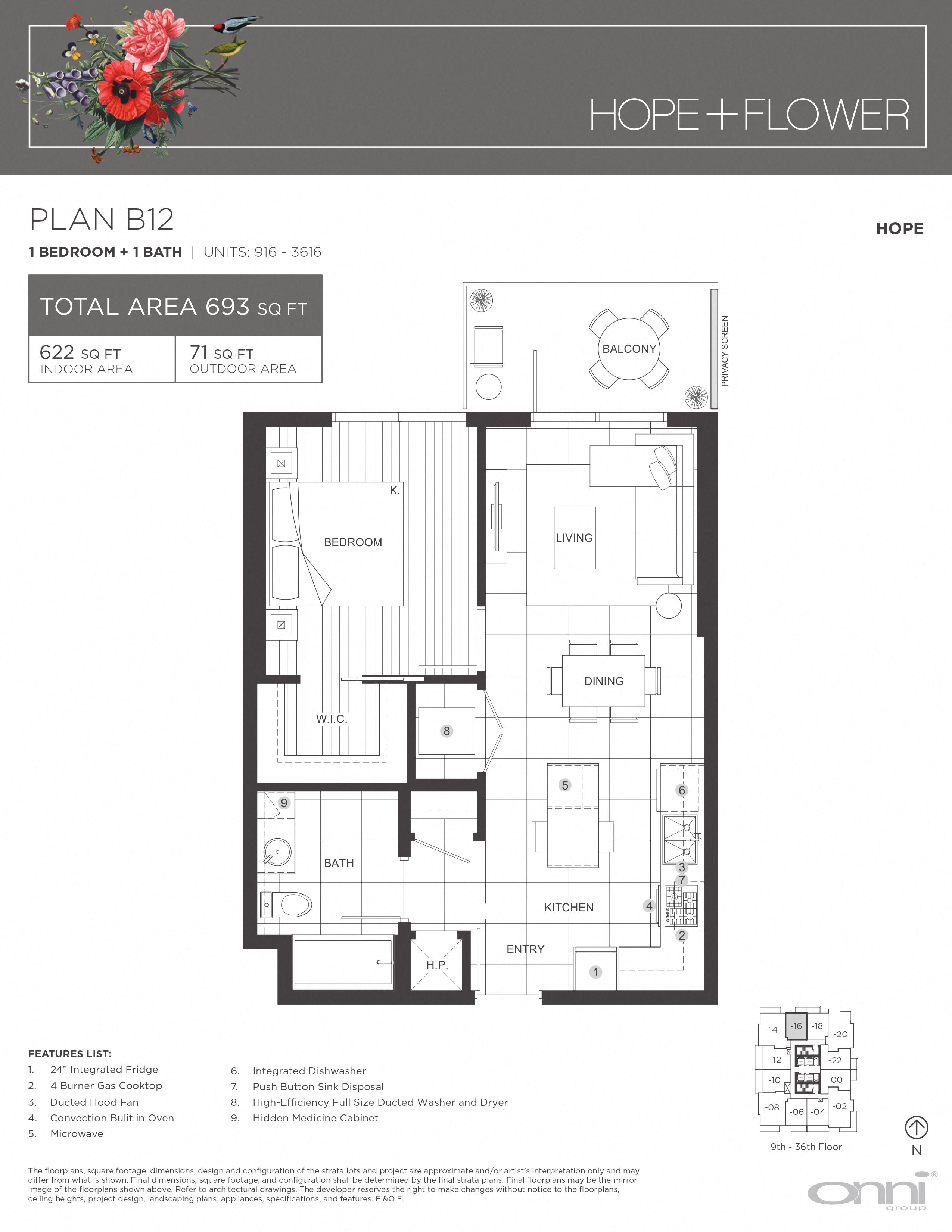 Floor plan for 1 bed, 1 bath, 622 sqft