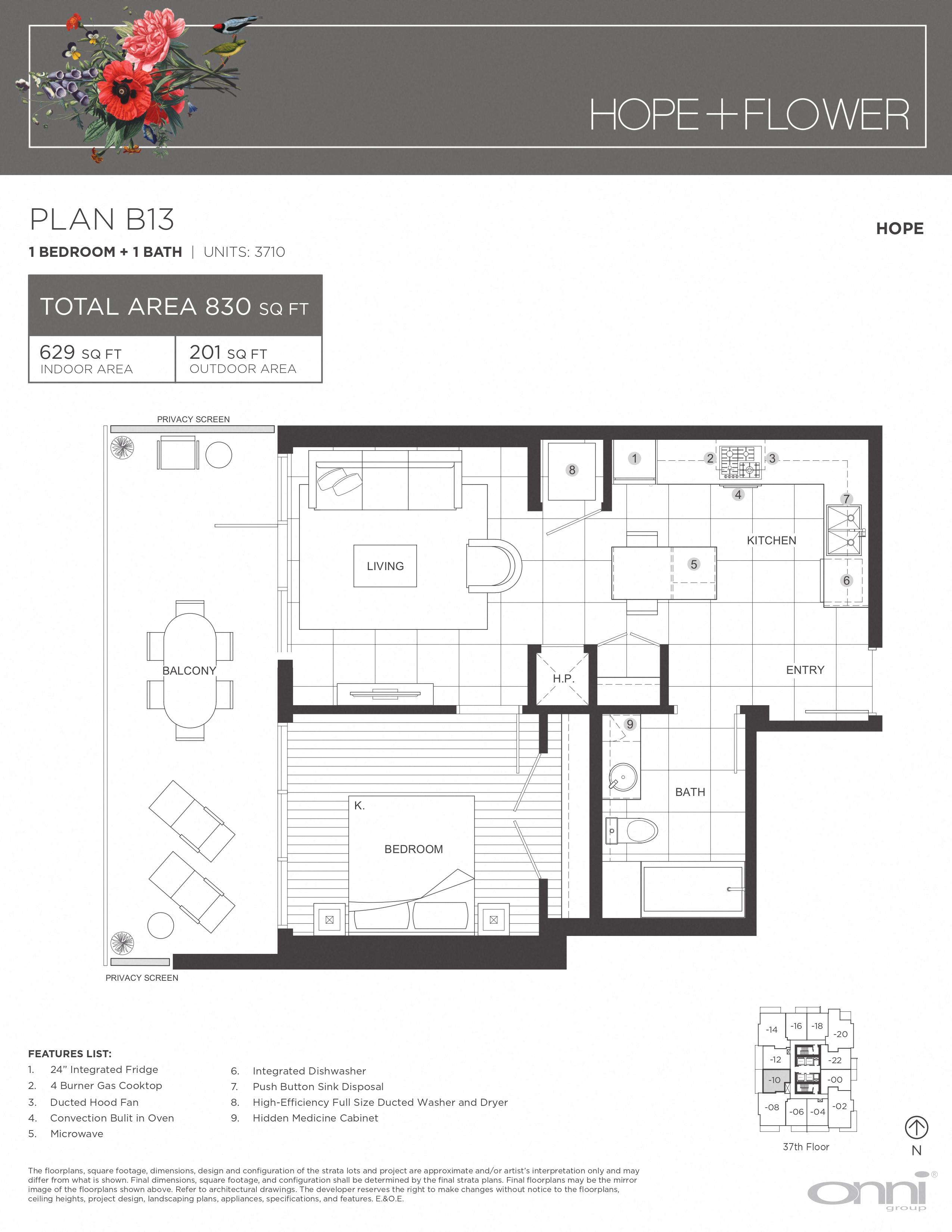 Floor plan for 1 bed, 1 bath, 629 sqft