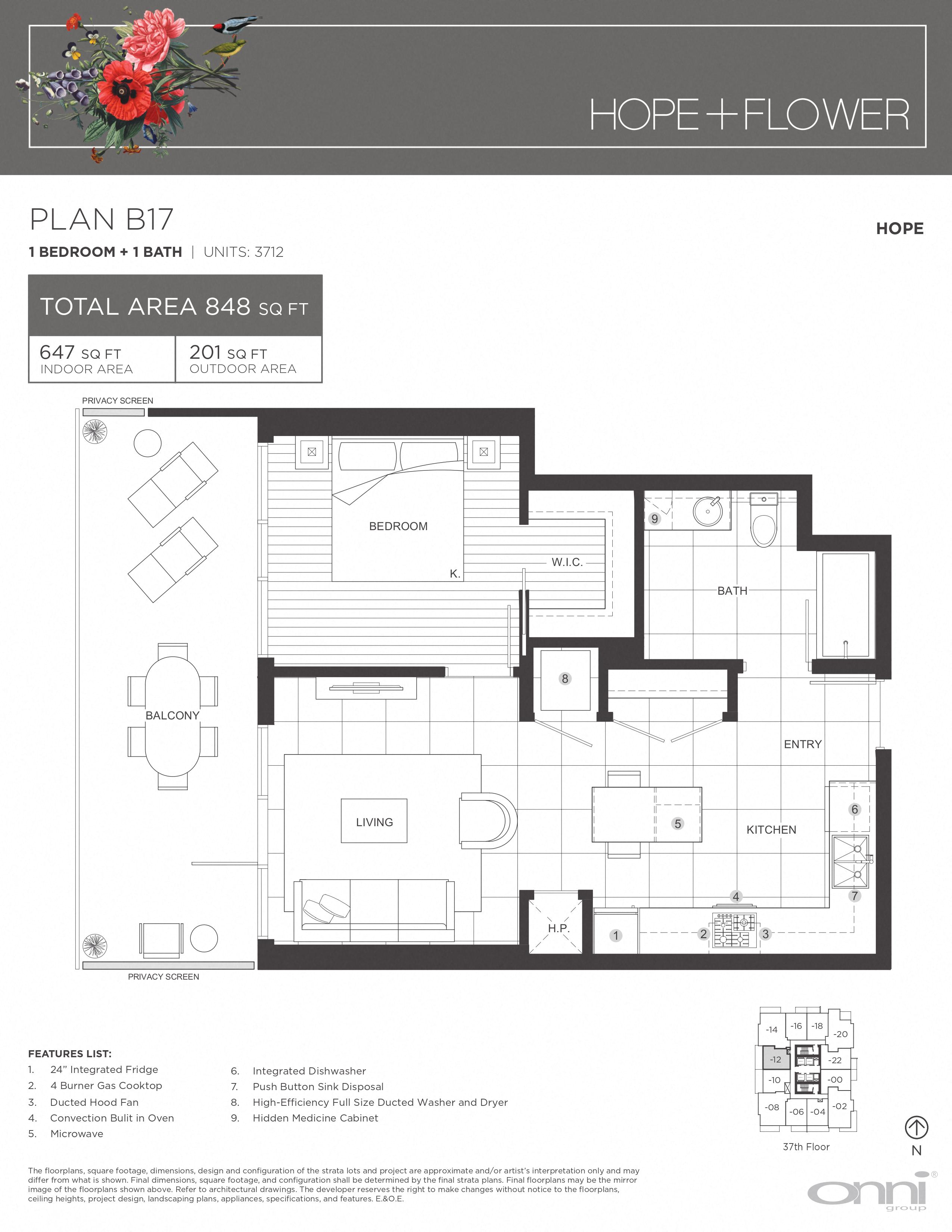 Floor plan for 1 bed, 1 bath, 647 sqft