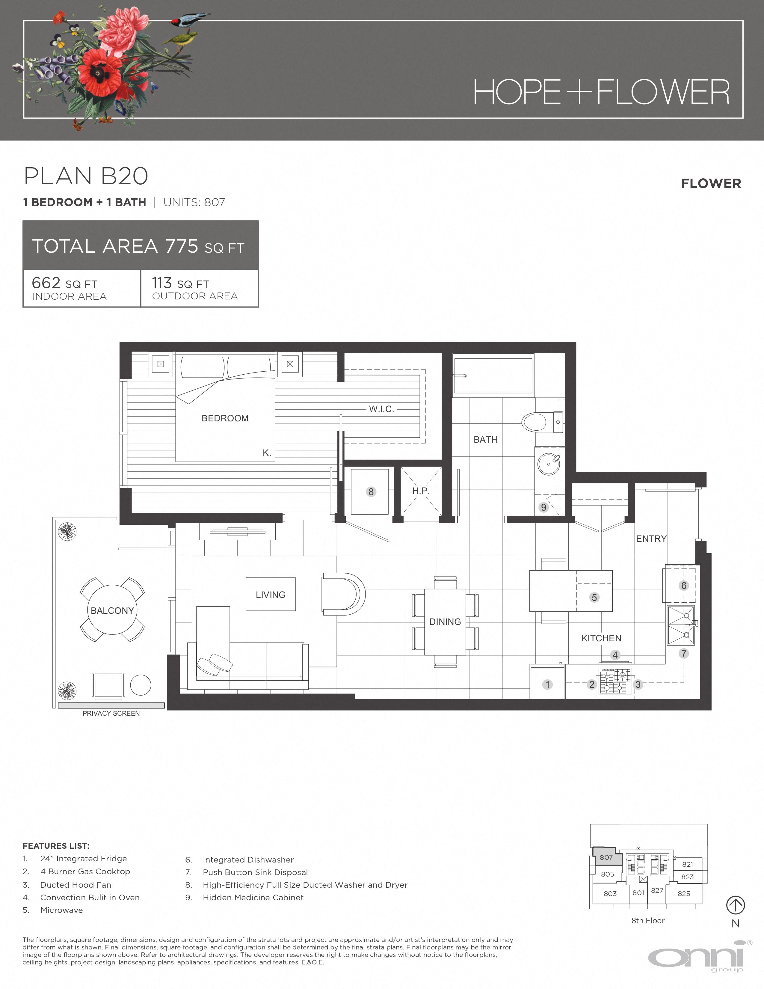 Floor plan for 1 bed, 1 bath, 662 sqft