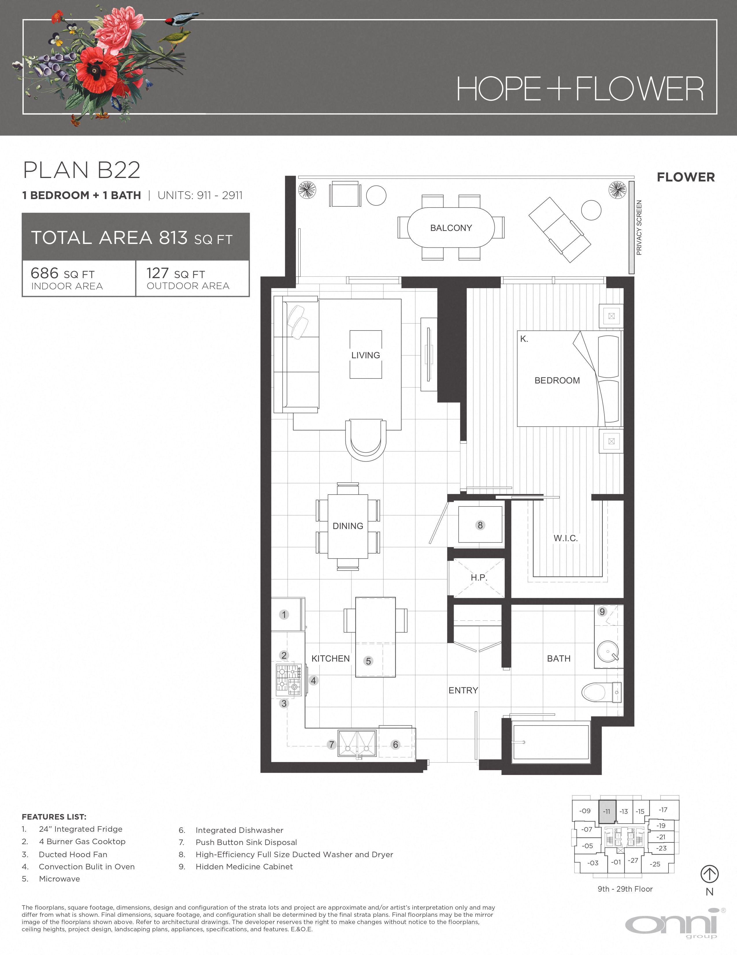 Floor plan for 1 bed, 1 bath, 686 sqft