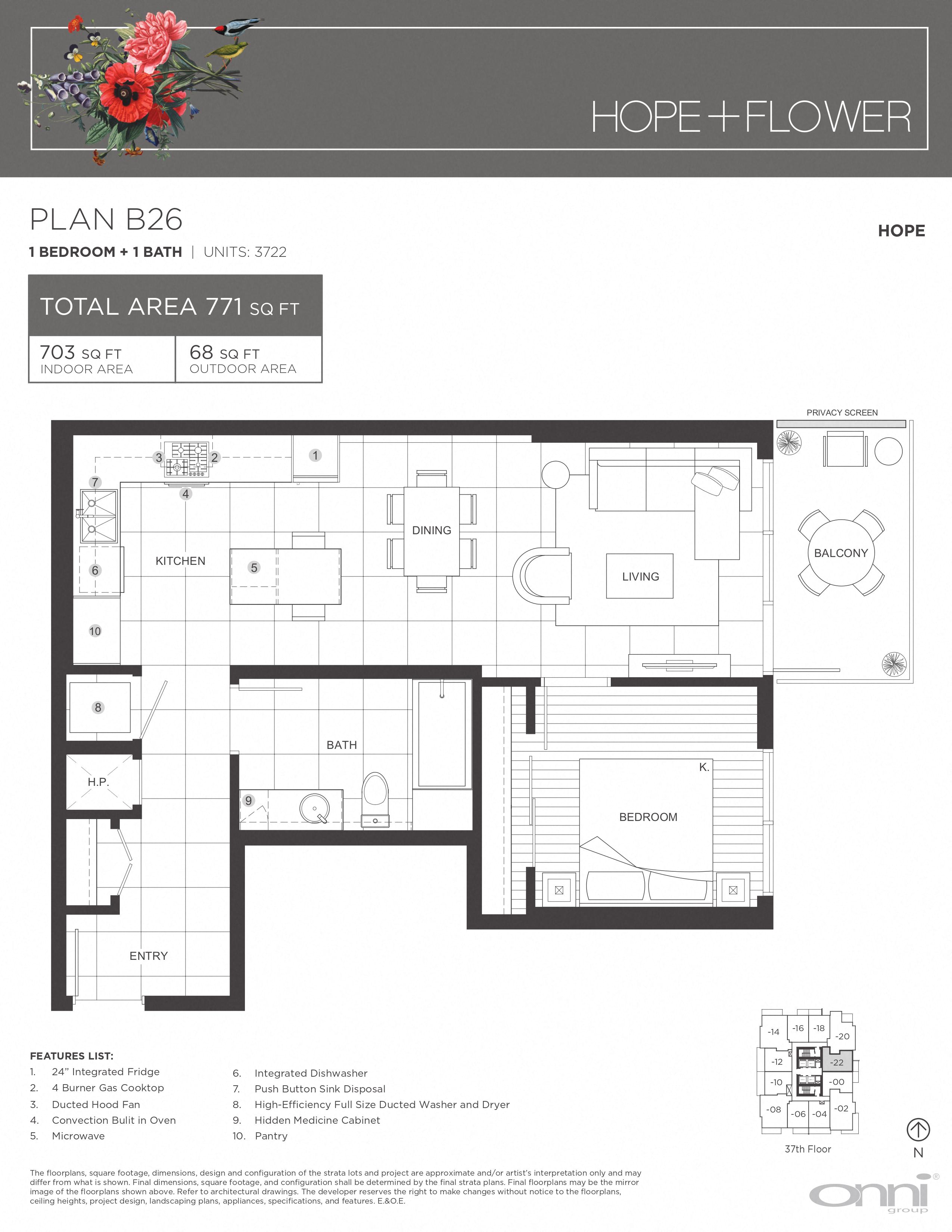 Floor plan for 1 bed, 1 bath, 703 sqft