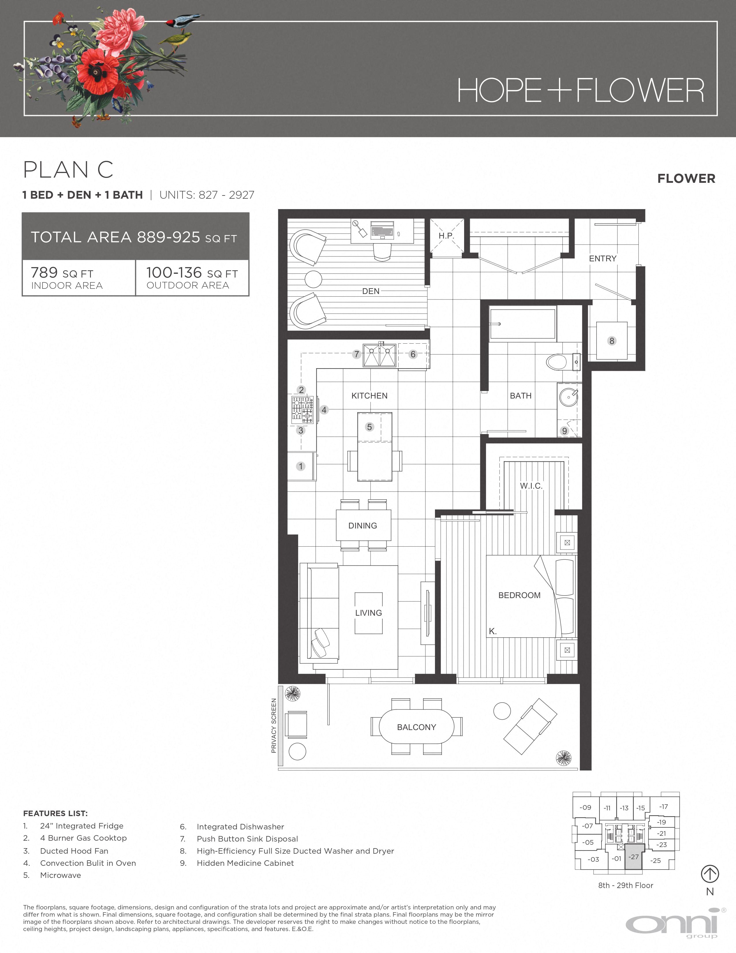 Floor plan for 1 bed, 1 bath, 789 sqft
