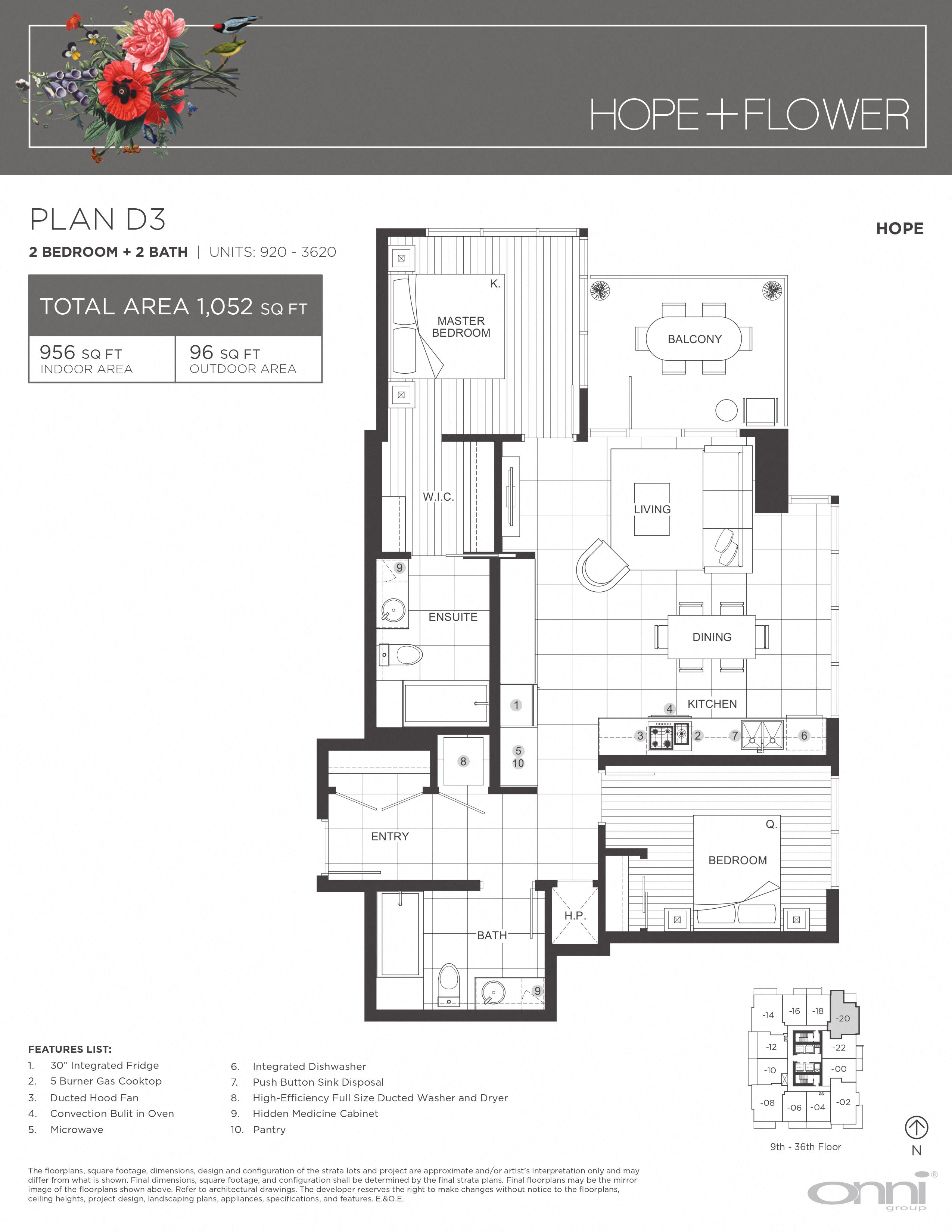 Floor plan for 2 beds, 2 baths, 956 sqft