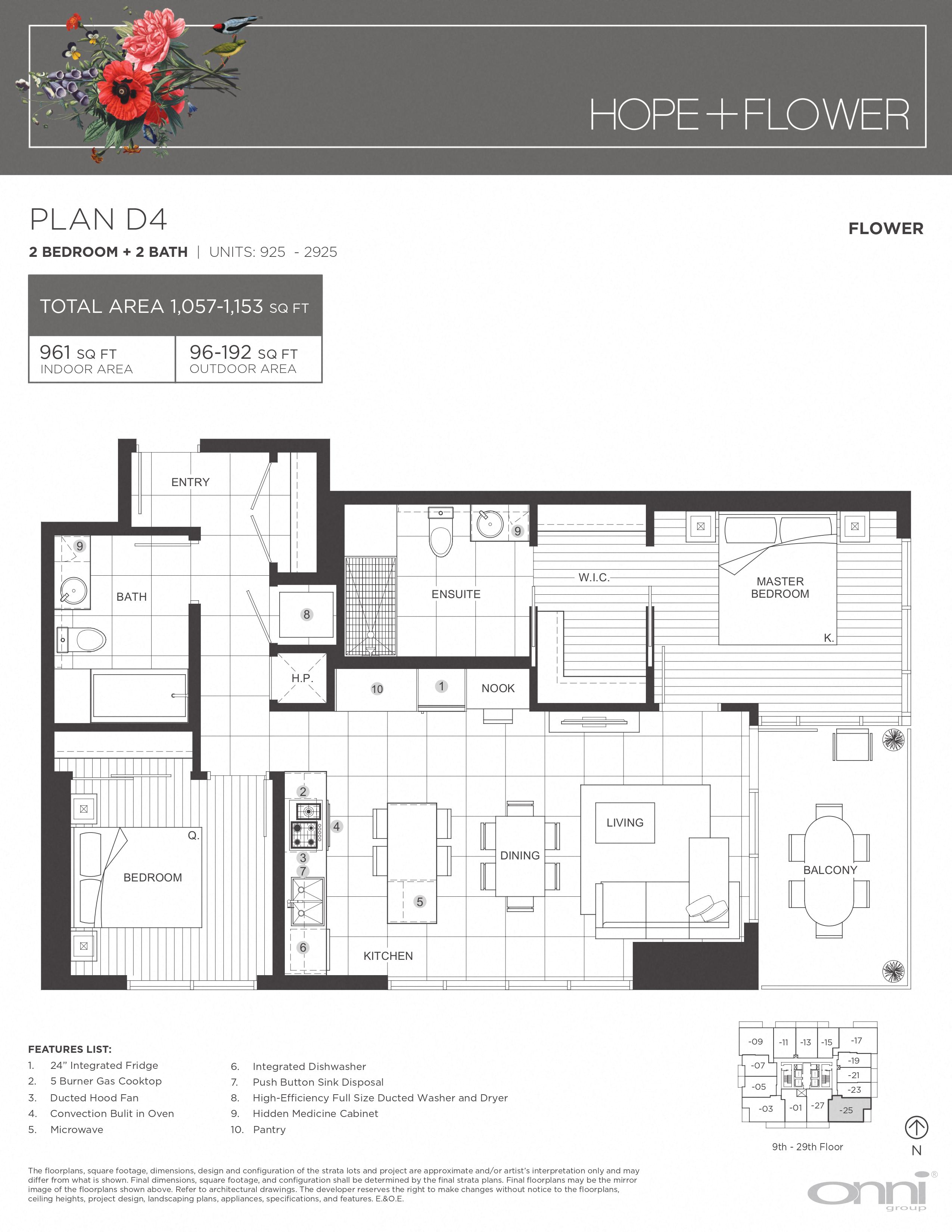 Floor plan for 2 beds, 2 baths, 961 sqft