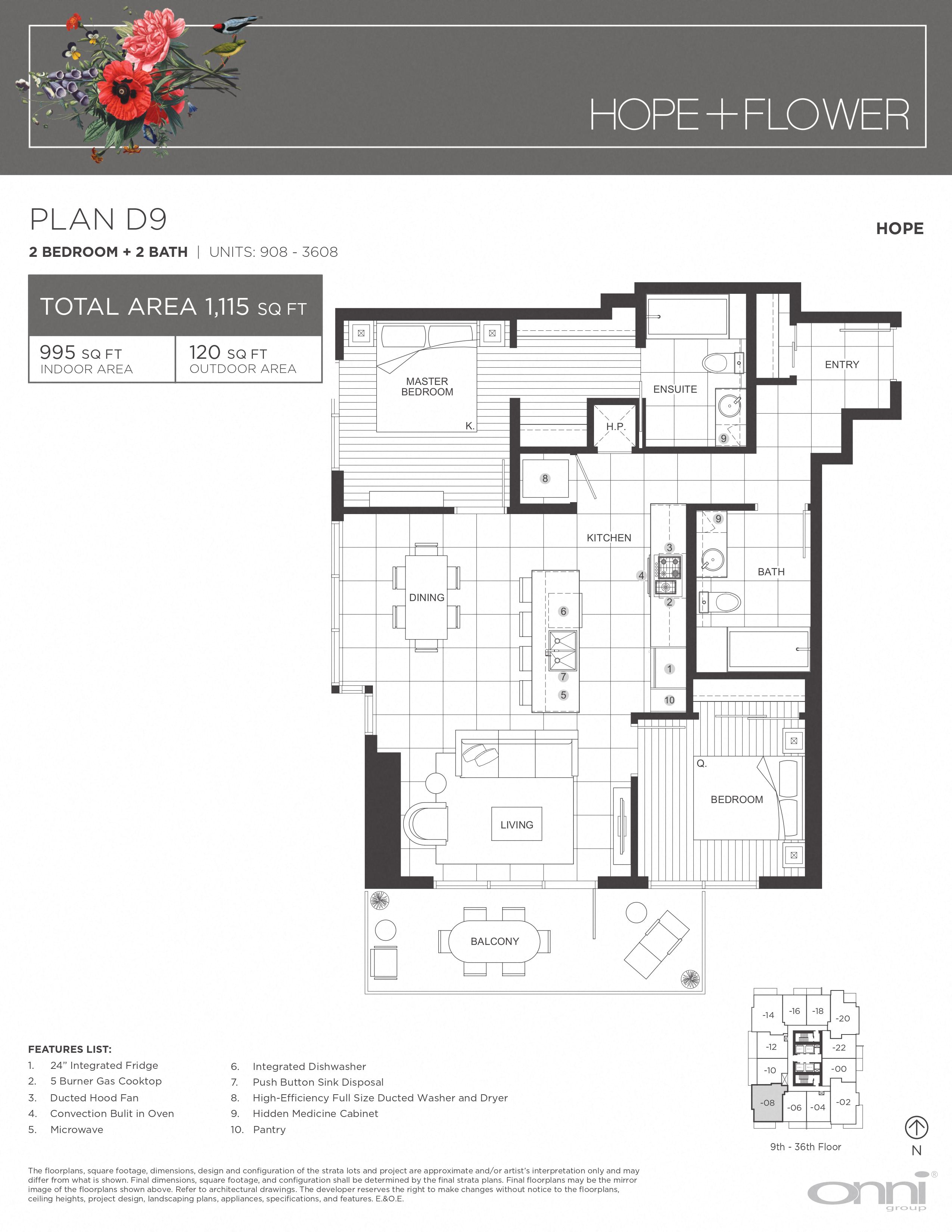 Floor plan for 2 beds, 2 baths, 995 sqft