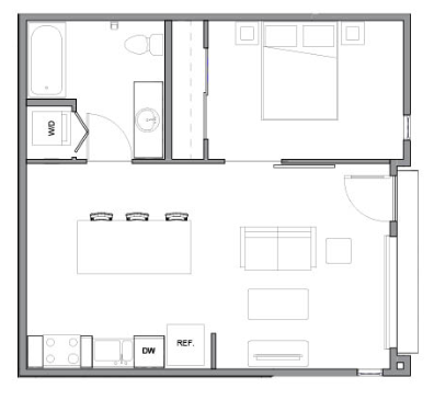 Floor plan for 1 bed, 1 bath, 602 sqft