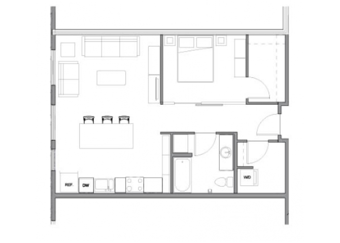 Floor plan for 1 bed, 1 bath, 682 sqft