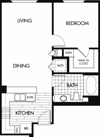 Floor plan for 1 bed, 1 bath, 707 sqft