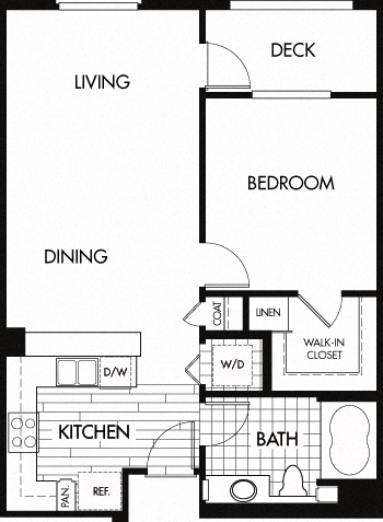 Floor plan for 1 bed, 1 bath, 725 sqft