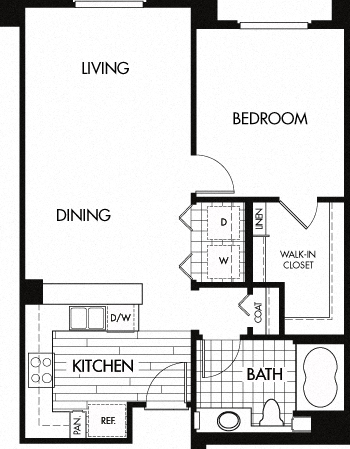 Floor plan for 1 bed, 1 bath, 774 sqft