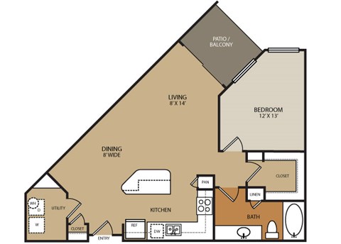 Floor plan for 1 bed, 1 bath, 794 sqft