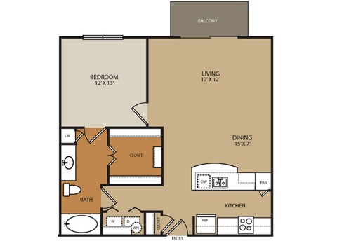 Floor plan for 1 bed, 1 bath, 840 sqft
