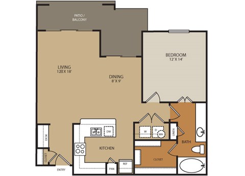 Floor plan for 1 bed, 1 bath, 879 sqft