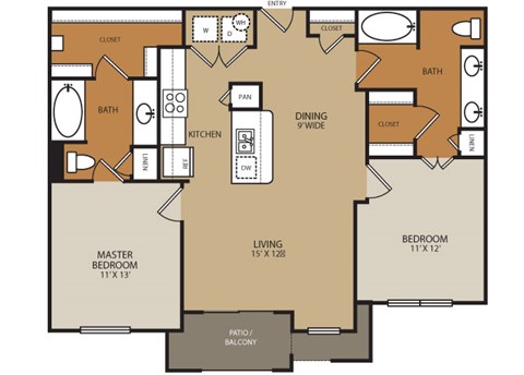 Floor plan for 2 beds, 2 baths, 1037 sqft