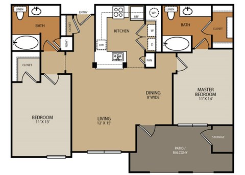 Floor plan for 2 beds, 2 baths, 1130 sqft