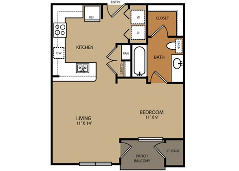 Floor plan for studio, 1 bath, 579 sqft