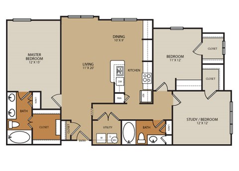 Floor plan for 3 beds, 2 baths, 1407 sqft