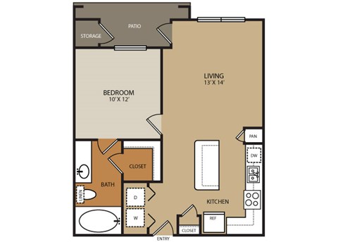 Floor plan for 1 bed, 1 bath, 621 sqft