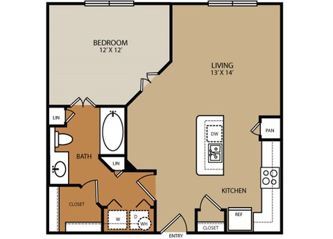 Floor plan for 1 bed, 1 bath, 717 sqft
