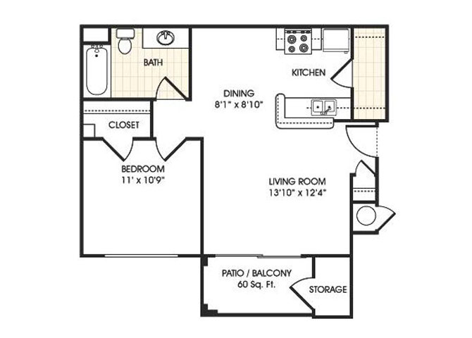 Floor plan for 1 bed, 1 bath, 615 sqft