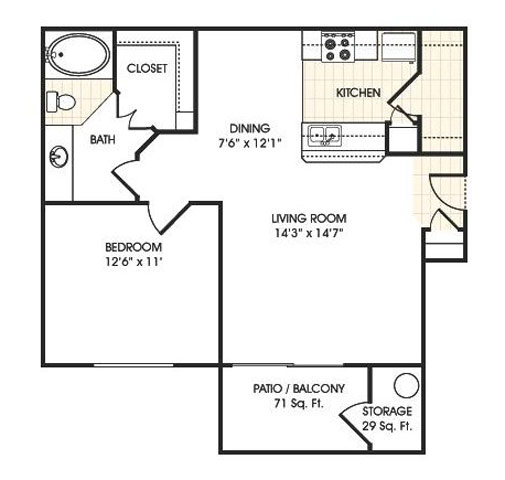 Floor plan for 1 bed, 1 bath, 707 sqft