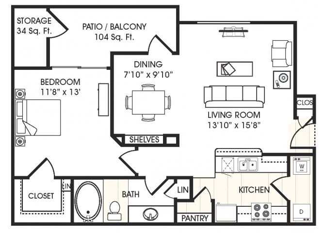 Floor plan for 1 bed, 1 bath, 796 sqft