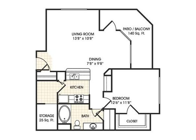 Floor plan for 1 bed, 1 bath, 850 sqft