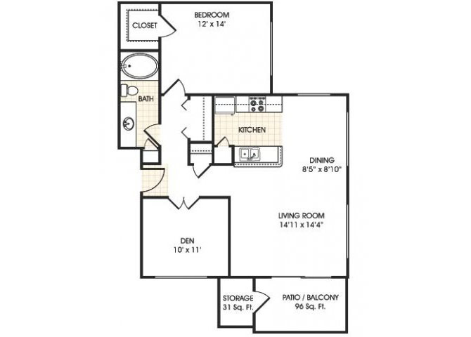 Floor plan for 1 bed, 1 bath, 916 sqft