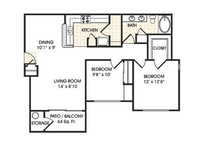 Floor plan for 2 beds, 1 bath, 970 sqft