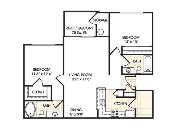 Floor plan for 2 beds, 2 baths, 1022 sqft