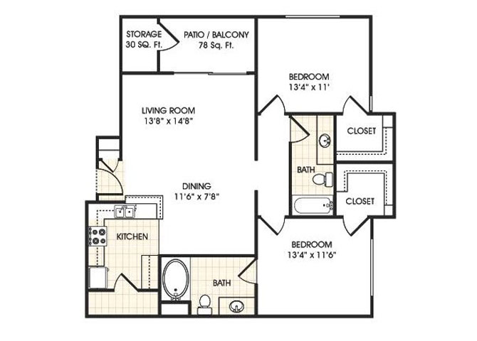 Floor plan for 2 beds, 2 baths, 1093 sqft