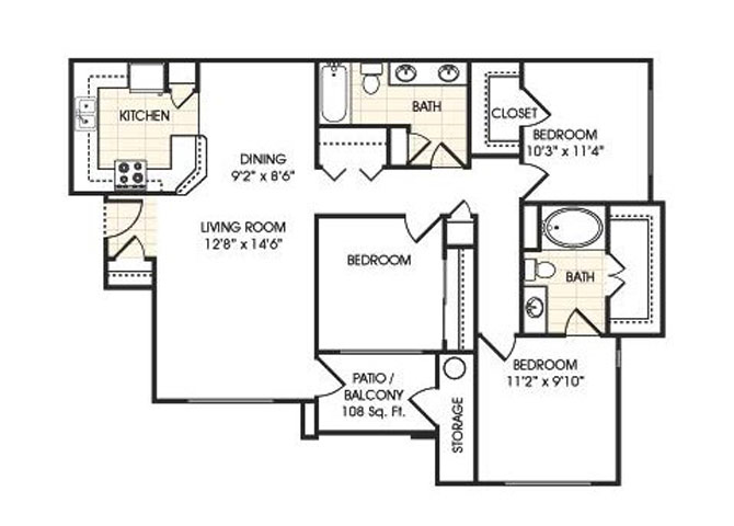 Floor plan for 3 beds, 2 baths, 1242 sqft