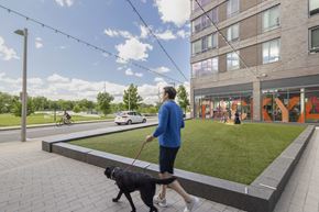 Allston apartment for rent - a person walking a dog on a leash on a sidewalk next to a building