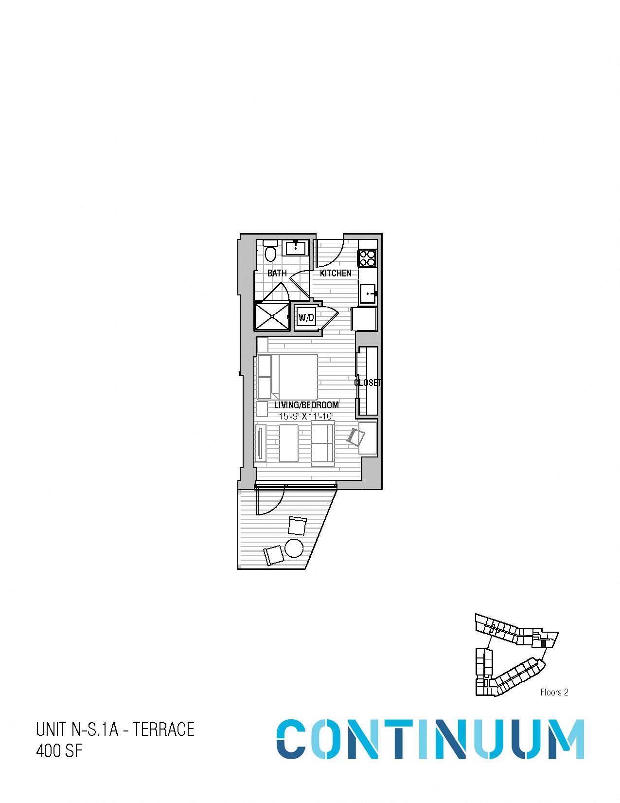 Floor plan for studio, 1 bath, 402 sqft