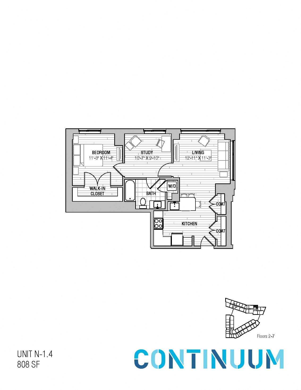 Floor plan for 1 bed, 1 bath, 807 sqft