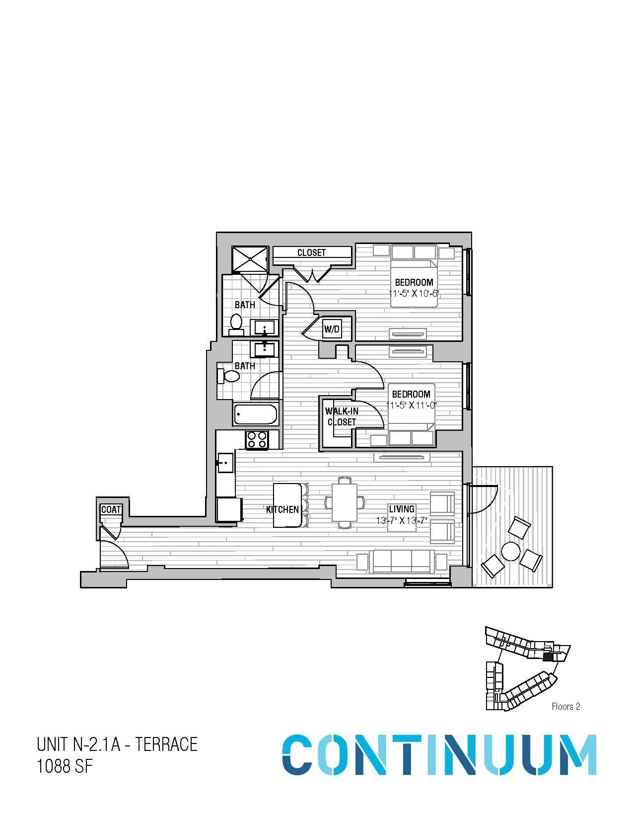Floor plan for 2 beds, 2 baths