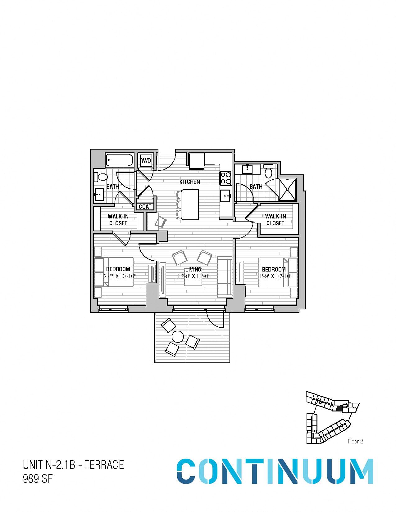 Floor plan for 2 beds, 2 baths, 989 sqft