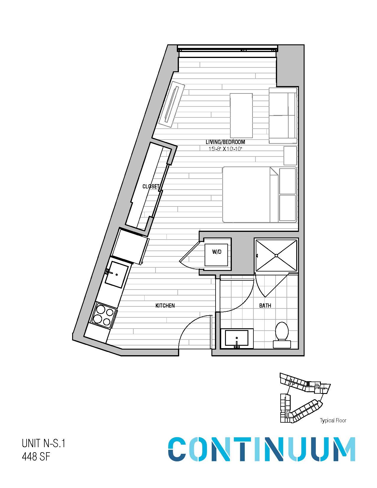 Floor plan for studio, 1 bath, 448 sqft