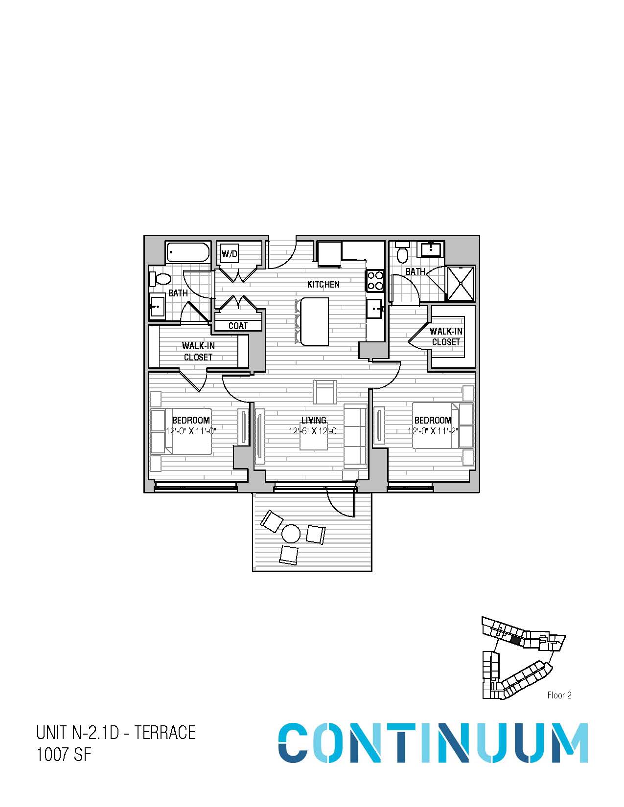 Floor plan for 2 beds, 2 baths, 1007 sqft