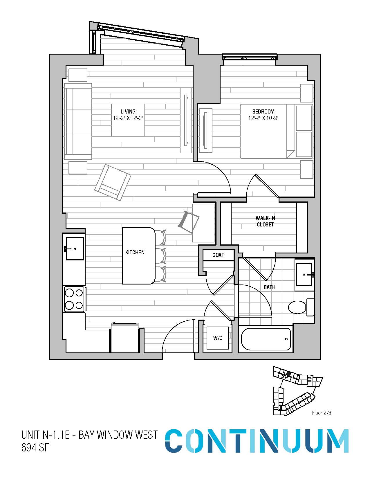 Floor plan for 1 bed, 1 bath, 694 sqft